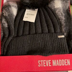 Steve Madden Black Ribbed Pom Beanie and Black and Gray Scarf Gift set